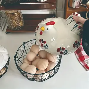 Farmhouse Style Chicken Egg Storage Basket with Lid, Decorative Kitchen Counter Organizer for Eggs, Fruits and Vegetables