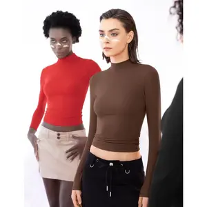 PUMIEY Women's Long Sleeve T Shirts look Mock Turtleneck Slim Fit Tops Sexy Basic Tee Womenswear Underwear Lady Tshirt Streetwear Skinny Longsleeves Comfort T-Shirt compression tee IPCM7