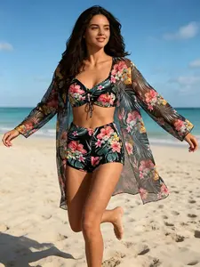 Women's Tropical Floral 3-Piece Swimsuit Set, High-Waisted Tummy Control Bikini with Boy Shorts & Mesh Cover-Up, Modest Mom-Style Swimwear for Cruise Resort Vacation Essentials