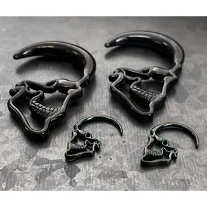 PAIR of Unique Black Steel Skull Hanging Tapers - Expanders - Gauges 10g thru 0g (8mm)