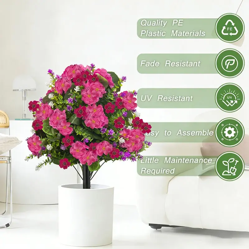 Simulated flowers for spring tea flower and geranium arrangement in pots, wedding decor with geranium artificial flowers for small trees, eucalyptus artificial flowers for decorating indoor and outdoor courtyards and gardens.