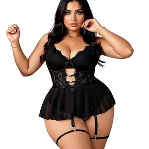 Women's Plus Size 4-Piece Black Lace & Mesh Lingerie Set, Spaghetti Straps Underwire Bra with Adjustable Straps, Babydoll, Thong, Bodysuit, Medium Stretch, Classic Sexy Elegant Style