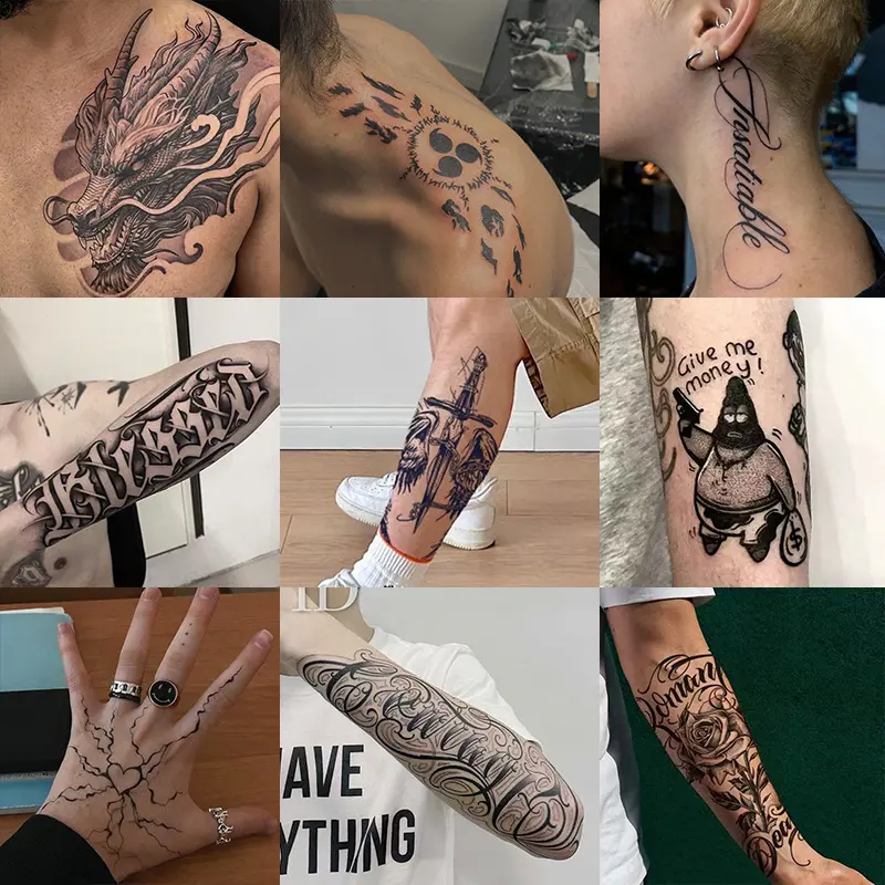 9-Piece Large Henna Temporary Tattoos Set, Floral Letter Designs, 7-15 Day Long-Lasting, Waterproof, Friction-Resistant, Realistic, Allergy-Free for Pain-Sensitive Non-Tattoo Lovers, Design Temporary Tattoos
