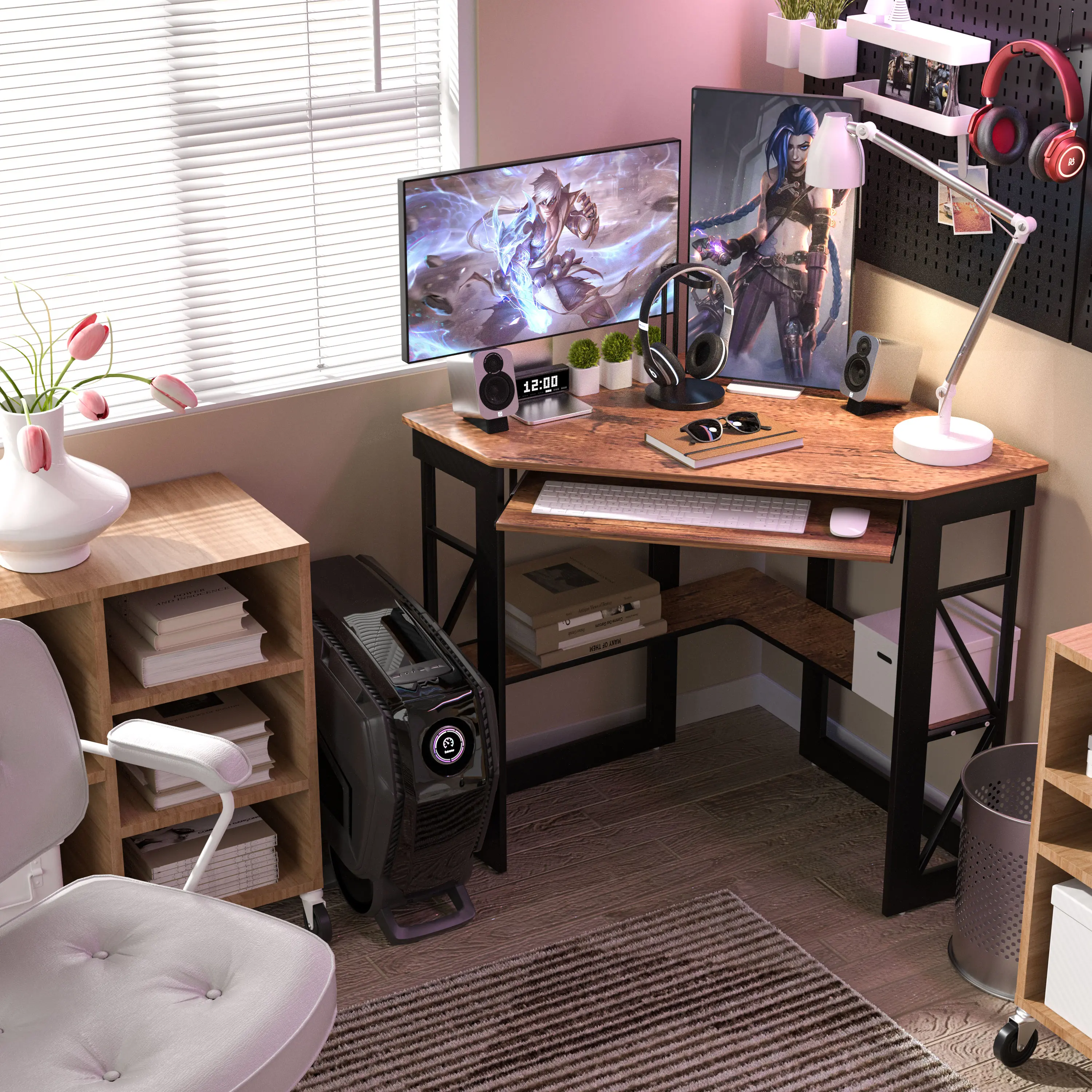 VECELO Corner Desk with Keyboard Storage Shelves Corner Table for Small Space Industrial Computer Desk Triangle Desk for Home Office, Workstation, Living Room, Bedroom