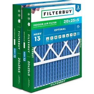 Filterbuy 20x25x5 Air Filter (2-Pack), Pleated MERV 13 Optimal Defense HVAC AC Furnace Air Filters for Honeywell FC100A1037, Lennox X6673, Carrier, and More