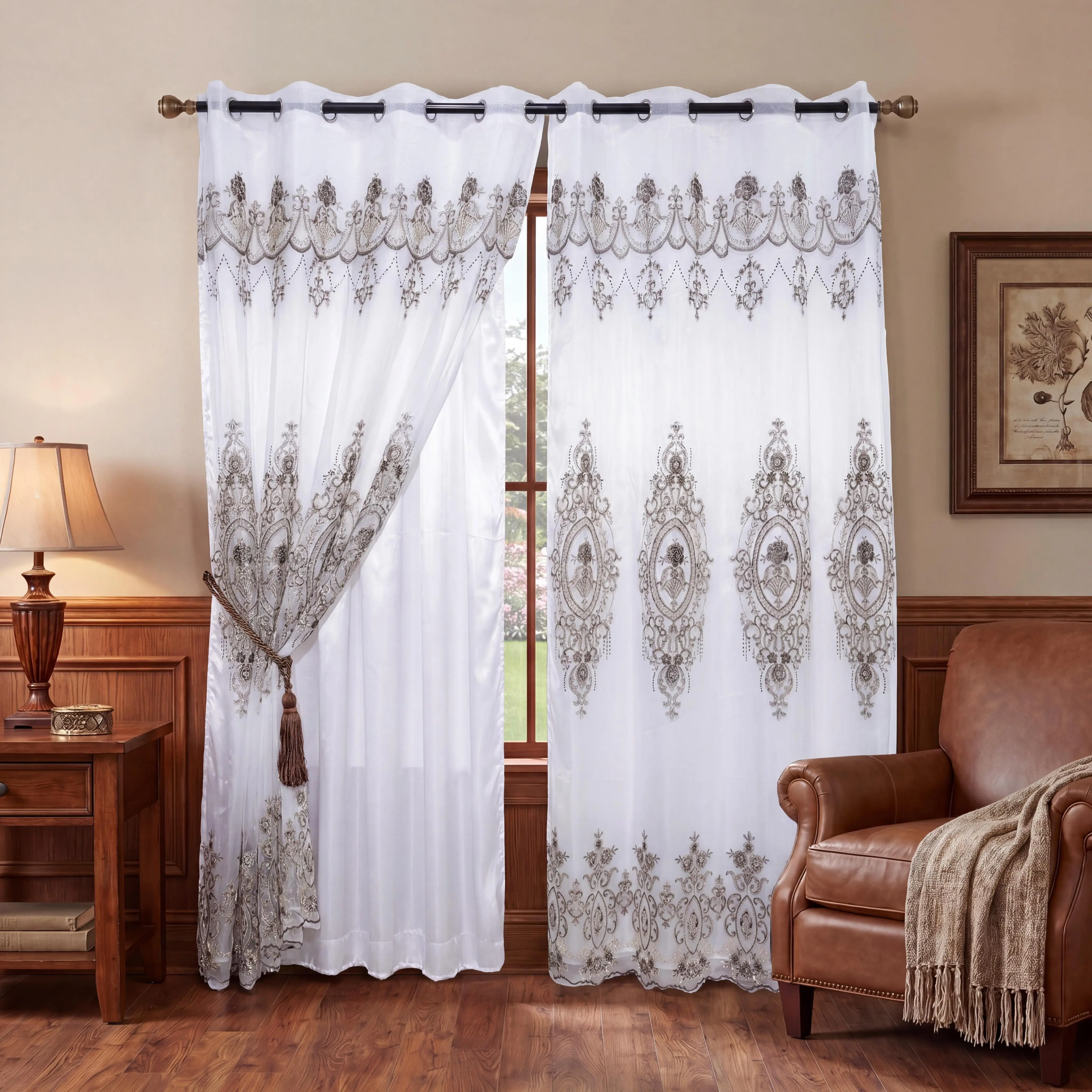 Luxury Double Layer Embroidery Window Curtains with Attached Valance, Grommet Top Drapes 2 Panels 52x84 Inch, Semi Blackout Voile Sheer Curtains Thermal Insulated Light Filtering Elegant European Window Treatments for Living Room Bedroom Home Decor QF601,