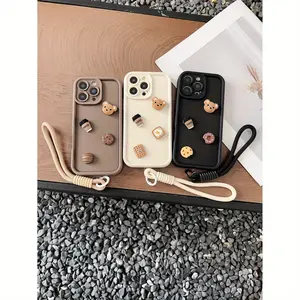 Phone Case: A Premium Minimalist Bear Coffee Biscuit Chocolate Diamond-cut Stepped Phone Case, Cute and Stylish, Comes with a Lanyard. Suitable for Apple iPhone 11, 12, 13, 14, 15, 16, Samsung A51, A52, A53, A54, A55, A56, S20, S21, S23, S24