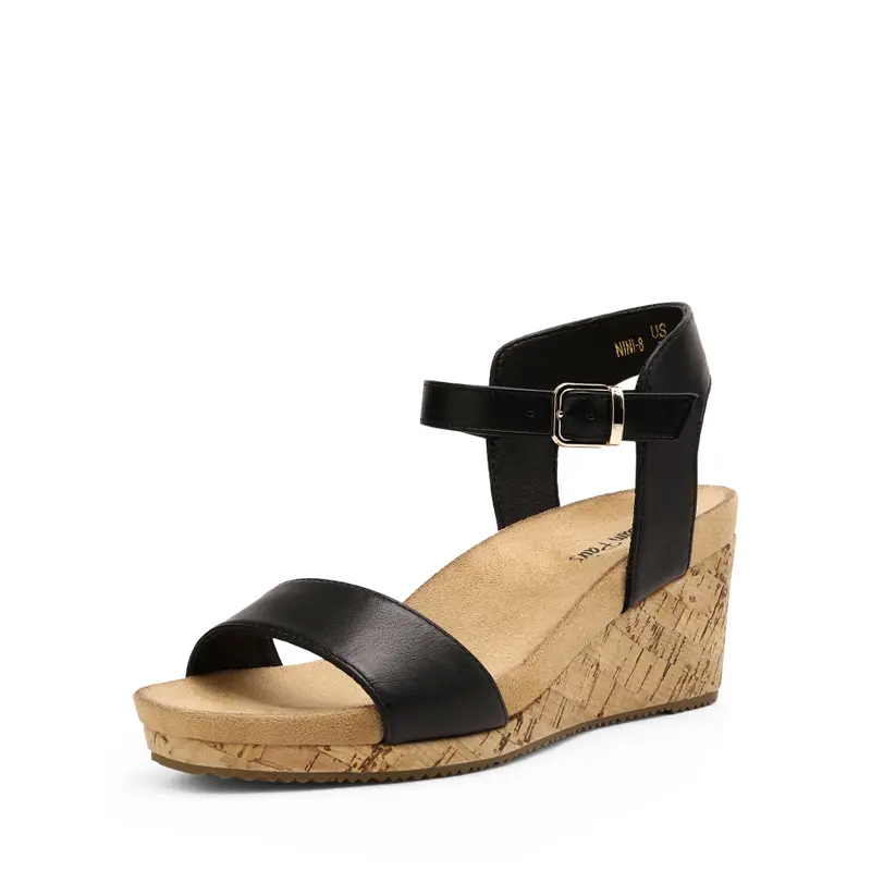 Dream Pairs Women's Open Toe Wedge Sandals with a PU Adjustable Ankle Strap, 3 in Cork Platform Heel for Comfortable Summer Walking, Women's Sandals, Casual Wear, Footwear, Buckle Fit, Soft Suede Bed, Classic, Ankle Strap Wedge, Wedge Heeled Sandals