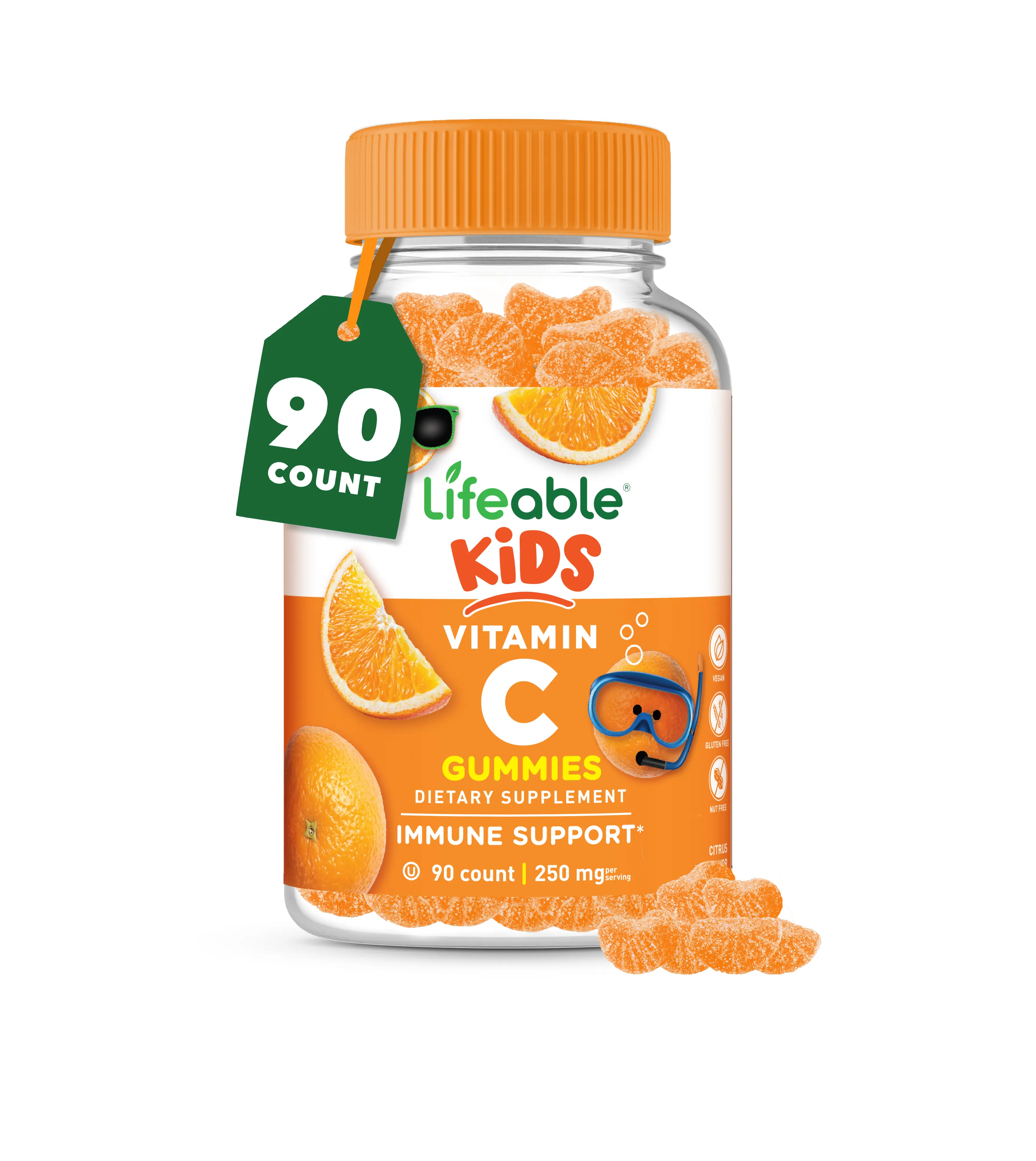 Lifeable Kids Natural Vitamin C Supplement Gummies - 250 mg per Serving, 90 Count, Dairy-Free, Halal, Nut-Free (Tree Nuts, Peanuts), Children’s Nutrient Support in Bottle