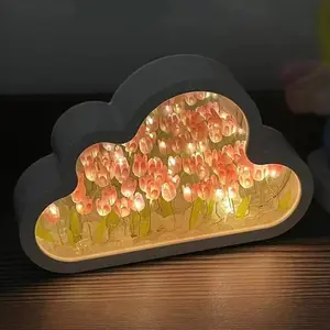 (20 Flower) Tulip Lamp Night Light with Mirror, Assembled Artificial Flower Lamp Table Light Bedroom Decoration Gift for Women Girlfriend Sisters Desk Table Decor, Cloud Design (Pink)