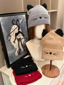 Women's Embroidered Cat Ear Knit Hat, Soft Elastic Winter Cap, Breathable Material, Outdoor Activities, Holiday Gift