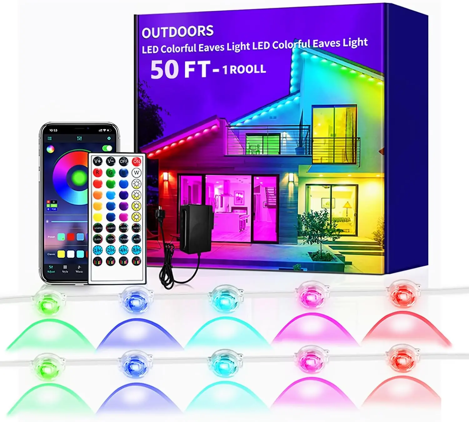 50FT Permanent Outdoor RGB Lights,Waterproof Smart LED Eaves Lights with App/Remote Control,for Christmas and All Holiday Decor,Daily and Accent Lighting,House Roof and Garden Lighting