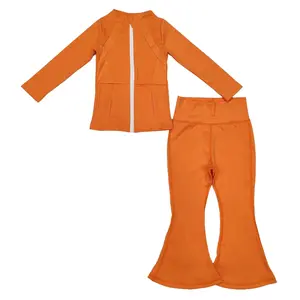 Girl Atheletic Clothes Orange Bell Bottom Set Cheer Game Day Yoga Outfit Winter Sports Clothes GLP2117