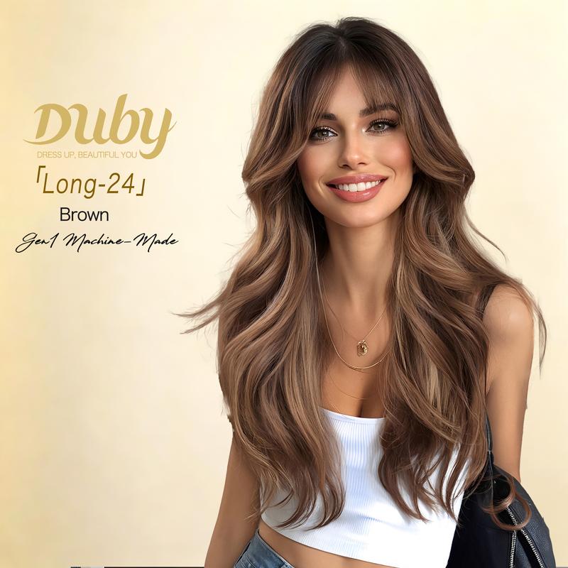 Duby Gen1 Glueless Synthetic Full Machine Wig, 24 in Long Brown, Middle Part, Cool Tone, Natural Look, Wave Pattern, Natural-Looking Scalp, Heat-Friendly for Daily Wear
