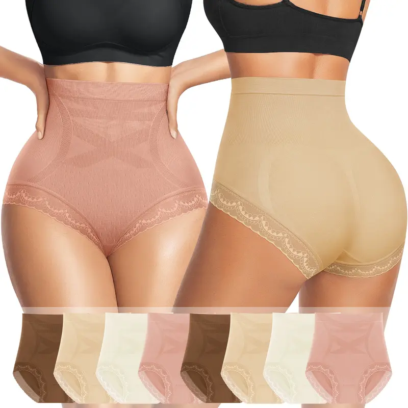 Morelect Women's High-Waisted Briefs - 3/4/6/8 Counts Lace Trim Panty with Lace-Side Detail, Breathable Stretch Nylon Elastane, Tummy Slim Control Seamless Knitting No-Show Underwear, Everyday Wear Panties for Work (Note: Dry Clean Not Recommended)