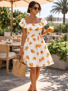 Sweet Citrus Ruffle Dress - Orange Print Off-Shoulder Ruffle Neckline Flowy Lightweight Fabric Flattering Fitted Waist Perfect for Summer Vacations and Brunch - Casual