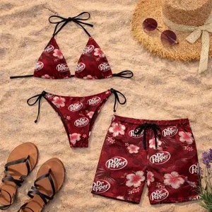 Matching DrPp Red Floral Swimsuits for Couples -Swim Bra & Tie Side String Bikini + Men's Beach Shorts, Summer Vacation Swimsuit, Hawaiian Shirt Style, Aloha Beach Outfit, Casual Holiday Bathing Suits, Menswear & Womenswea