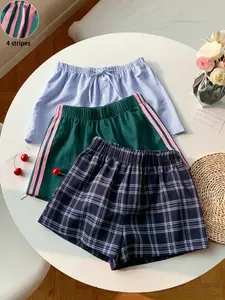 3-Pack Plaid Striped Loose-Fit Shorts for Women, Casual Summer Beachwear, Slimming Fashionable Bikini Bottoms, Ideal for Vacation