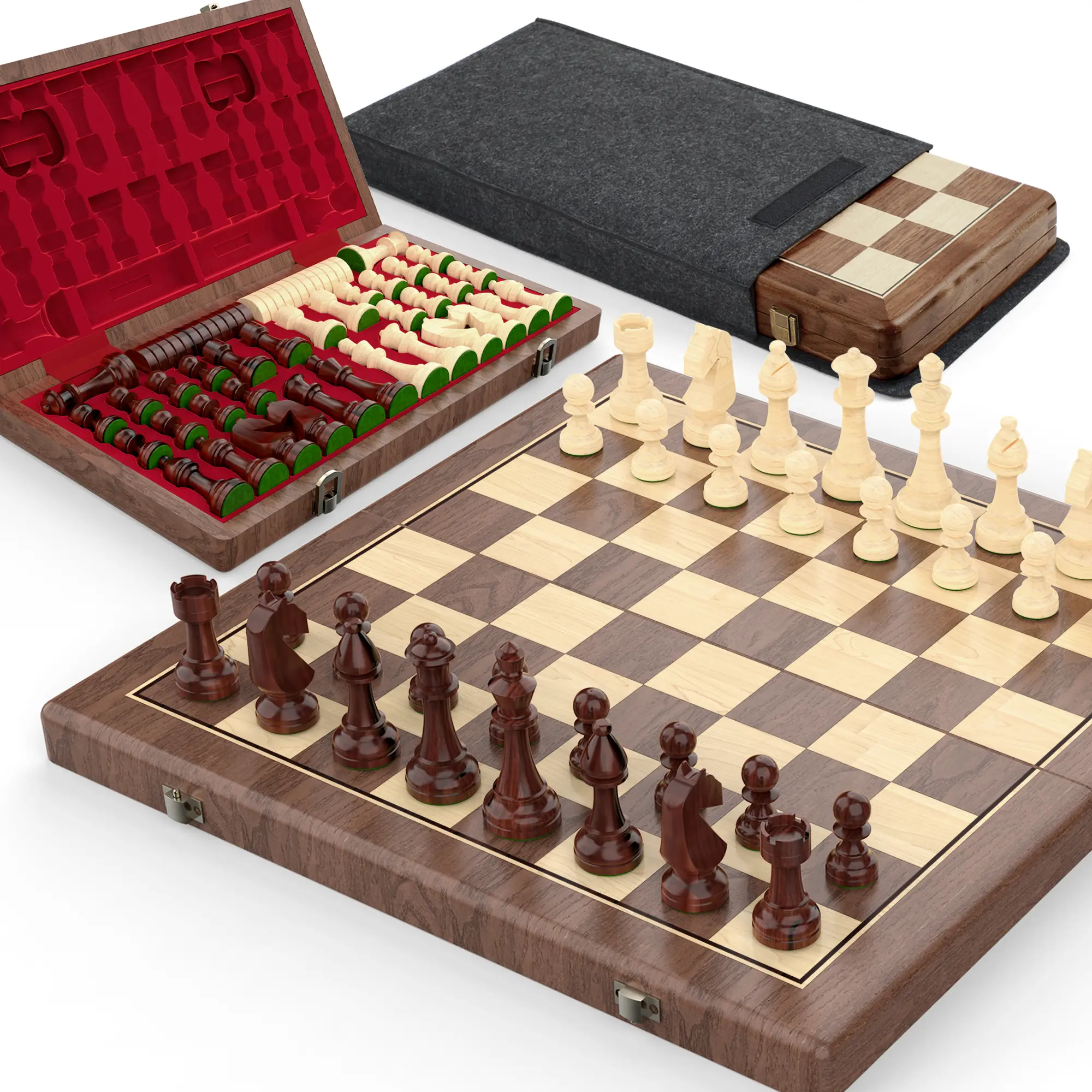 Magnetic Chess Strategy Game 15" Magnetic Walnut Wooden Folding Chess & Checkers Set - 2 in 1 Board Game with 3" King Staunton Pieces and 2 Extra Queens and Dust Bag