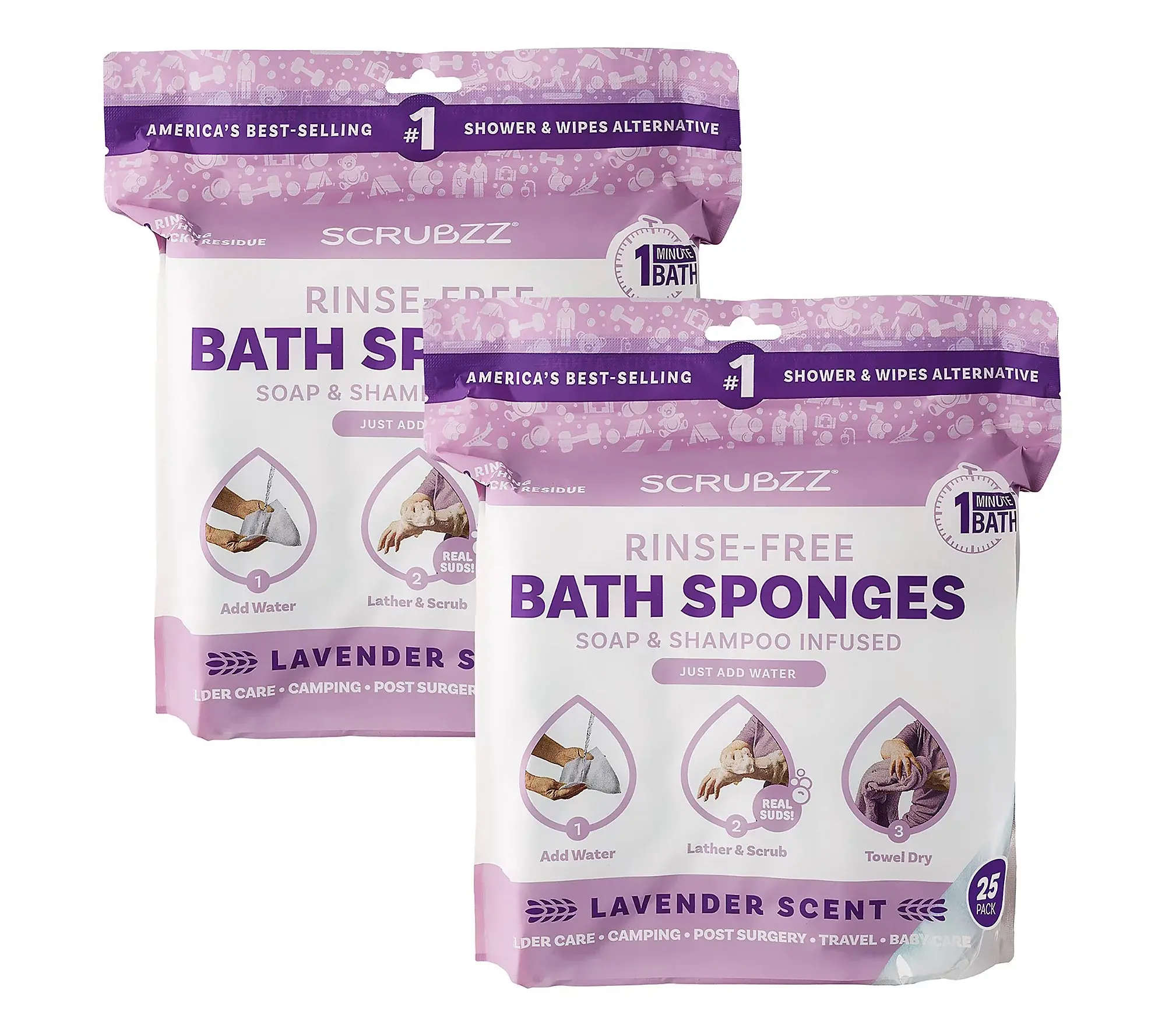 Scrubzz Lavender Rinse-Free Bath Sponges - 50pc Single-Use Bathing Accessories for Beauty & Personal Care