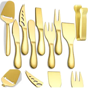 Premium Stainless Steel Gold Cheese Tool Set 12 Piece Cheese Knife & Cheese Markers Gifts Set with Butter Spreader Slicer Mini Serving Tongs for Birthday Wedding Christmas All Your Favorite Cheeses