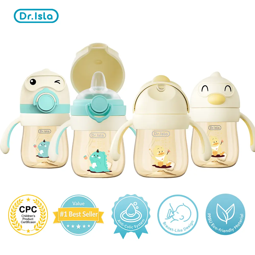 [Upgrade to PPSU] Dr.Isla 9oz Sippy Cup for Toddlers, Anti-Colic Training Cup 6M-3Y, Leakproof Weighted Straw Cup, Buy 1 Cup Get 1 Nipple Lid Free, Eco-Friendly, 356°F Heat-Resistant, BPA-Free, Non-Slip Handle, Boys Girls Professional Transition Bottle