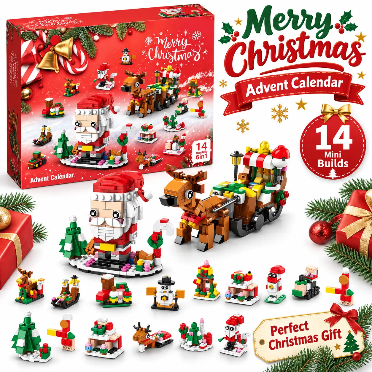 Christmas Advent Calendar Building Block Set, 14 Models 6-in-1 Mini Building Kit, Festive Santa, Nutcracker Fig, Christmas Tree Blocks, Ages 6+ Holiday Countdown Gift,familyfun