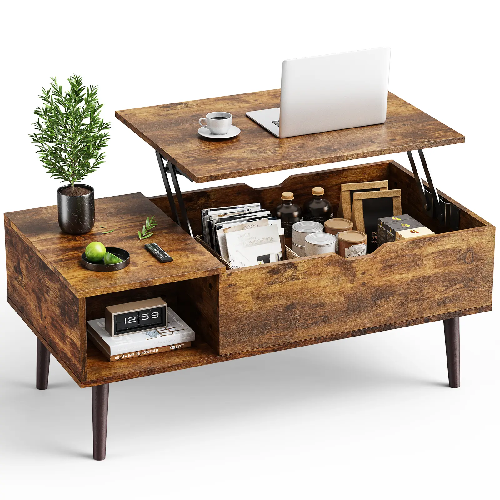 Modern Wooden Coffee Table - Adjustable Elevated Coffee Tables with Lifting Tabletop, Storage Shelf, Hidden Compartment for Living Room, Office