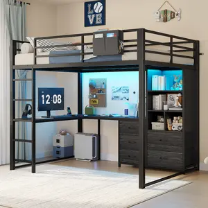 ADORNEVE Full Size Metal Loft Bed with L Desk, 5-Tier Bookshelf, 5 Drawers, LED Lights, Power Outlet, Guardrail, and Ladder