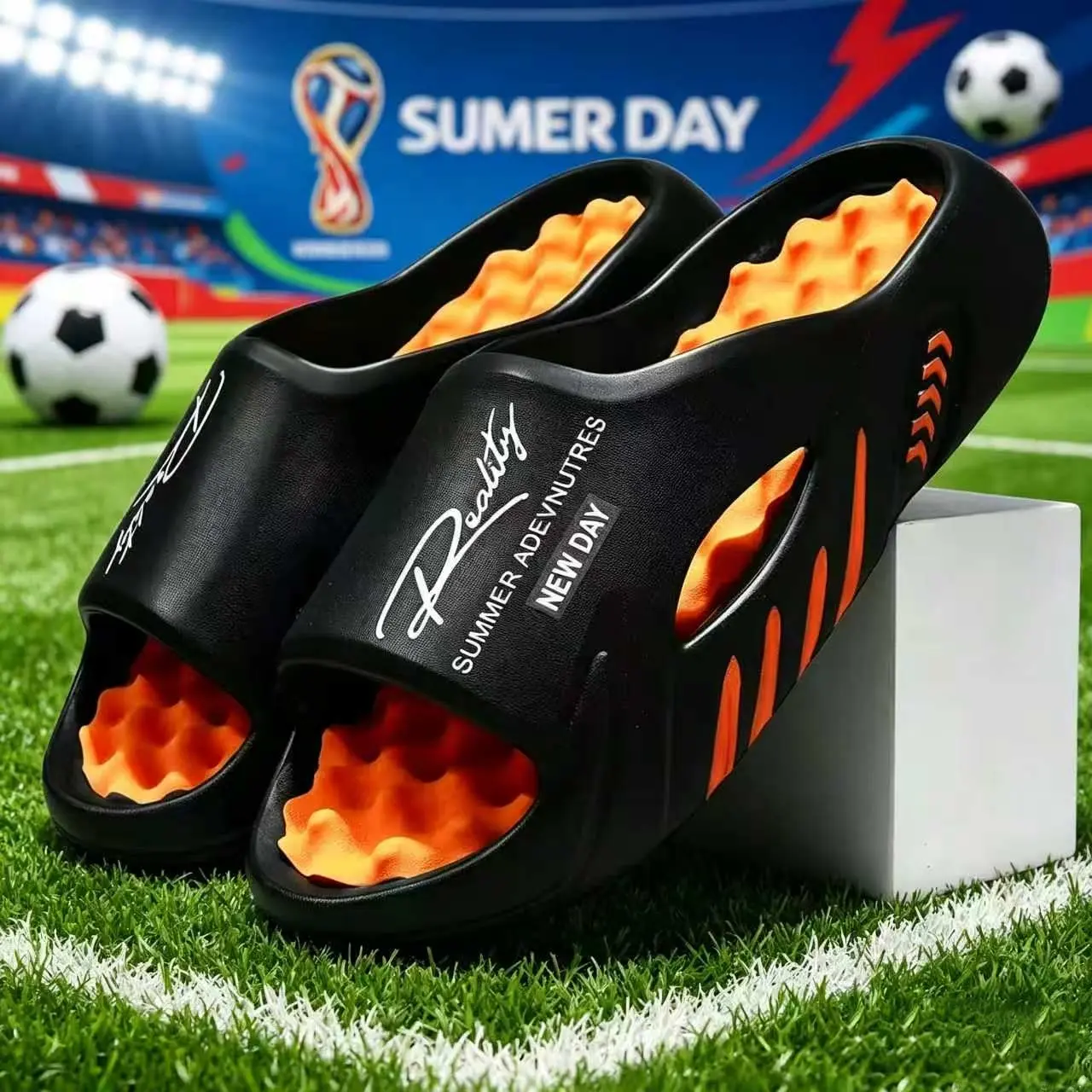 Men's Soccer Slides Massage Sandals Thick Sole EVA Slippers Breathable Open Toe Summer Beach Pool Shower Slides Lightweight Non Slip Comfort Recovery Sandals Indoor Outdoor Casual Sports Slides Football Style Fashion Sandals for Men Boy Walking Shoes
