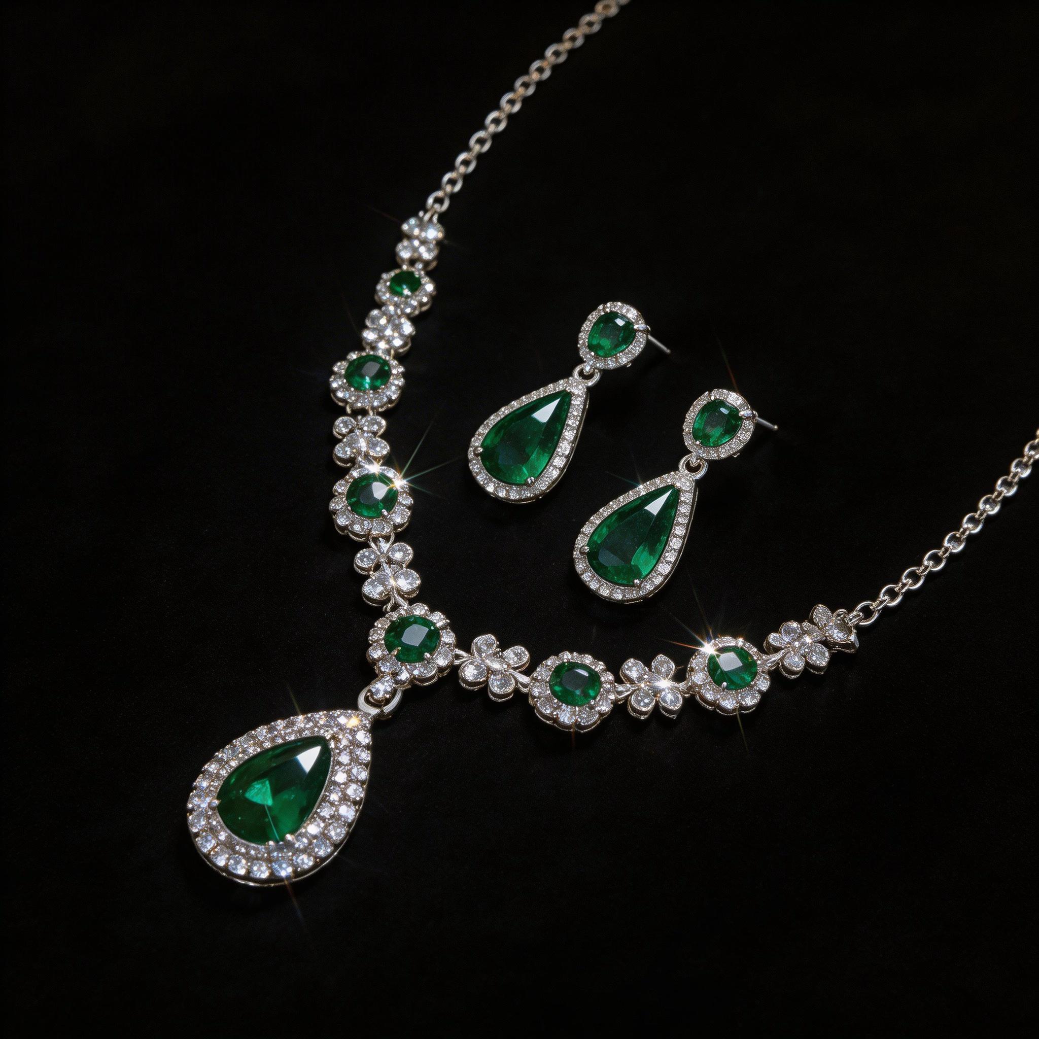Dainty Hypoallergenic Emerald Jewelry Set, CZ Embellished, Perfect for Wedding/Gala, a Thoughtful Gift Hypoallergenic Elegant Emerald Jewelry Set, 2-in-1 Wear, a Loving Gift for the Classy Woman