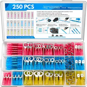 250Pcs Heat Shrink Wire Connectors Electrical Kit, Marine Automotive Crimp Terminals Assortment, Waterproof Ring Fork Spade Electrical Butt Connector