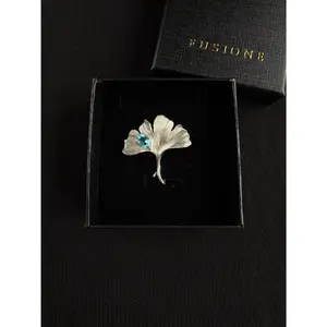 S925 Silver Natural London Blue Topaz Ginkgo  Brooch Pendant