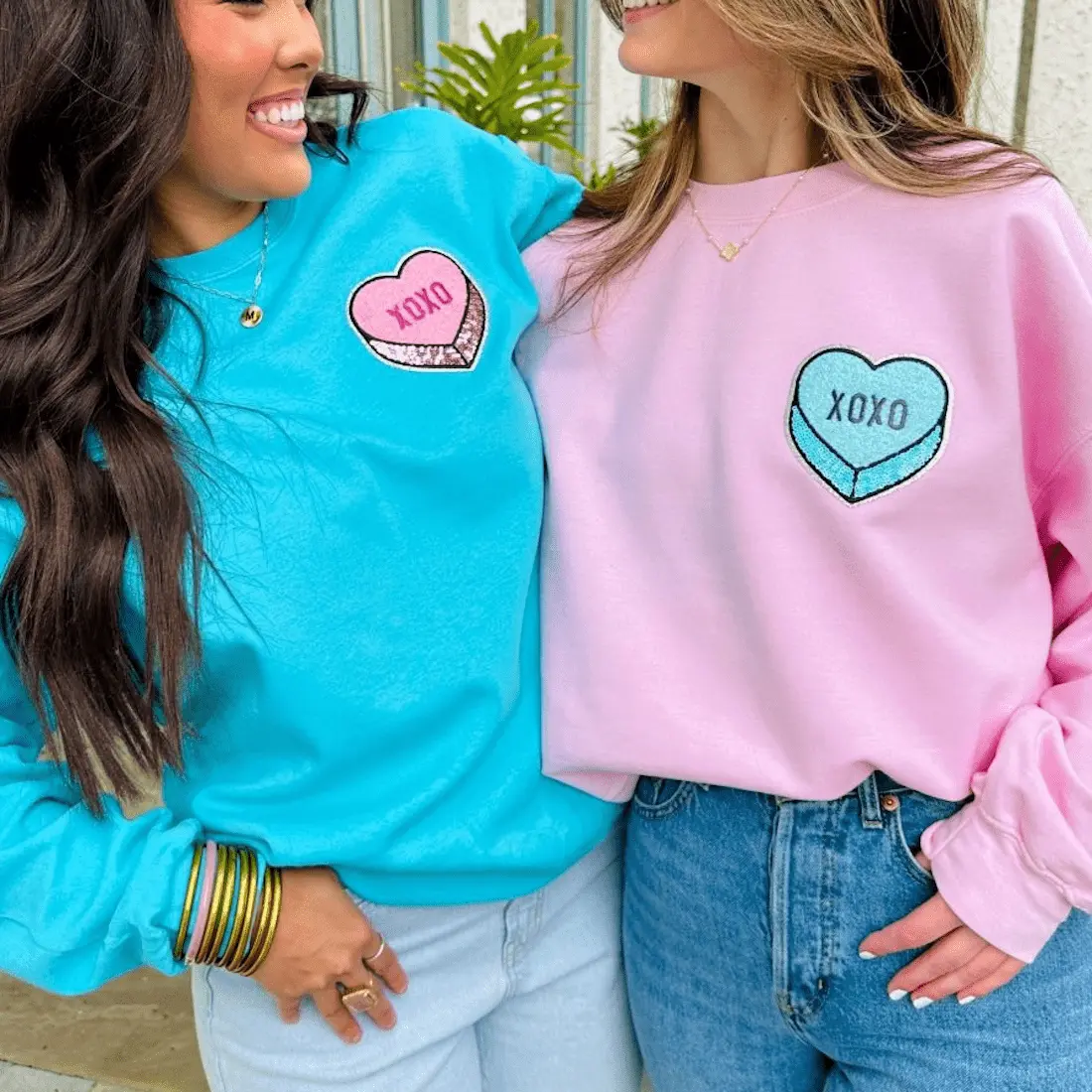 UM Exclusive 'XOXO Candy Heart' Chenille Patch Crewneck Sweatshirt in Tiffany Blue or Cashmere Pink Perfect Valentine's Day Gift