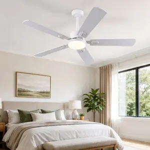 ARCH 52-Inch Low Profile Modern Ceiling Fan with Light - Remote-Enabled, Timer Ceiling Fan, 5 Dual White & Natural Wood Blades, Dimmable 3-Color Temp LED, 6-Speed Reversible Motor, for Bedroom, Living Room, Indoor Outdoor Use, Remote-Enabled Ceiling Fans,