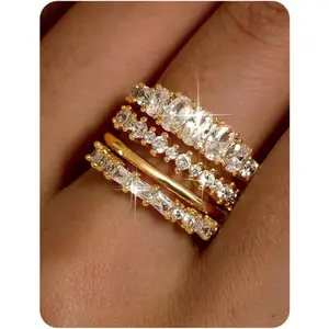 CASSIECA Women's 14 Karat Gold-Plated Fashion Stackable Rings Set - Non-Tarnish Dainty Cubic Zirconia Unit Set Rings, Minimalist Round Metallic Bands for Engagement, Promise (Sizes 5-10)