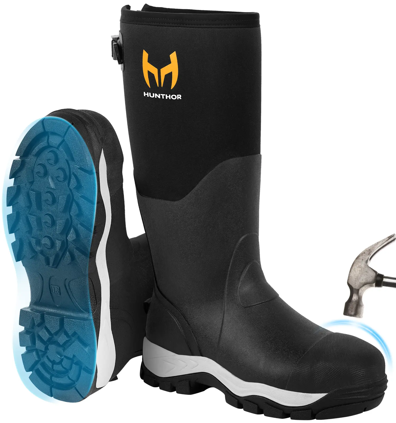 Men's Rubber Steel Toe Work Boots - 1100N Puncture-Proof, 7mm Neoprene Waterproof, EVA Midsole, Adjustable Back Gusset, Ideal for Work, Hunting