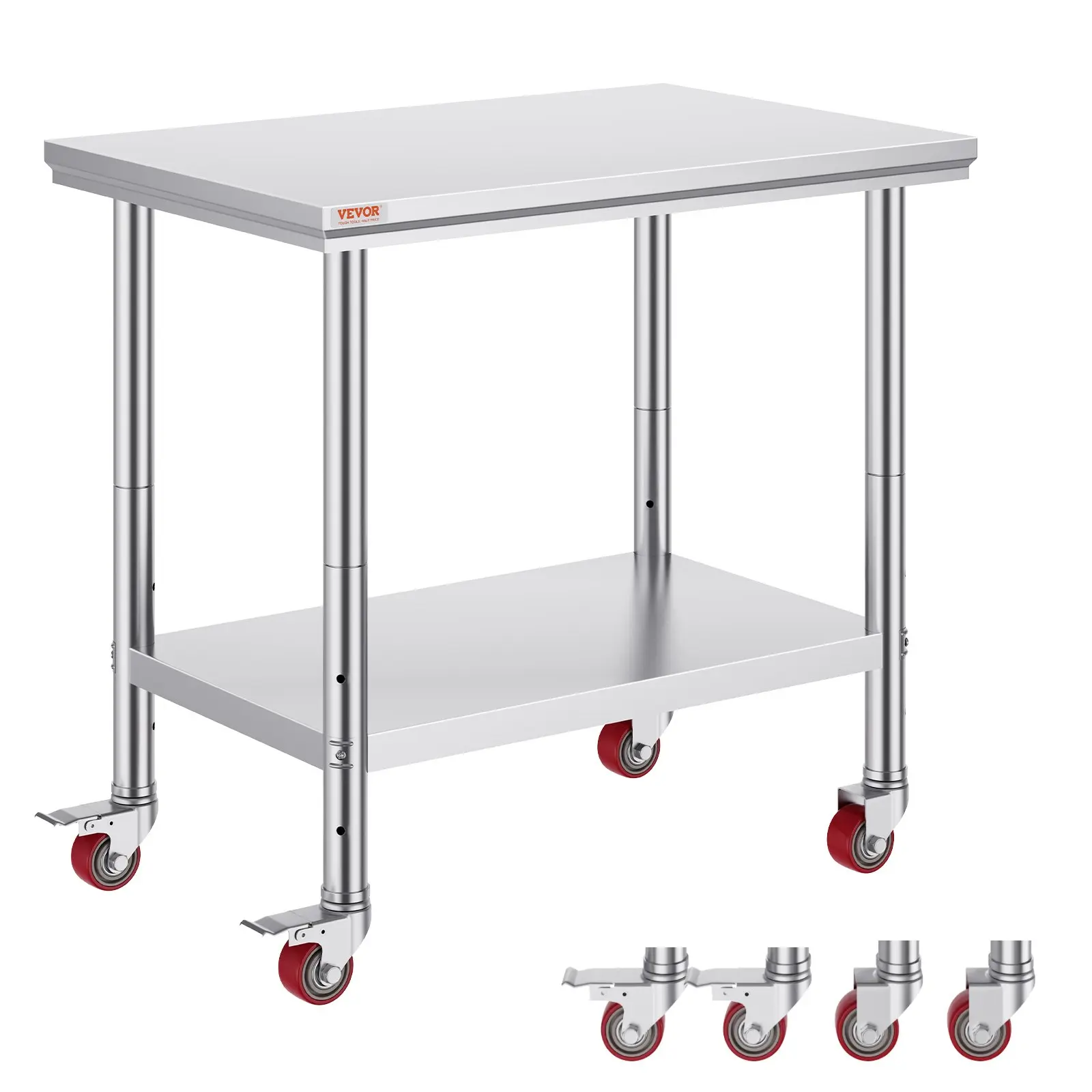 VEVOR Sturdy Wheeled Stainless Steel Work Table (36x24 in) - SUS201 Steel for Strength, 4 Smooth Wheels, 3-Level Shelf Fit, Garage & Restaurant Kitchen Food Prep Fixture, Storage Rack, Kitchen Storage Rack