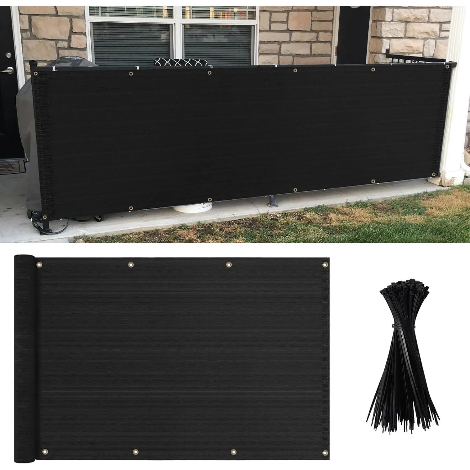 3'x10' Balcony  Screen Fence Cover UV Protection Weather Resistant  for Apartment Outdoor Patio Backyard Porch Railing Deck with 100 count Zip Ties, Black