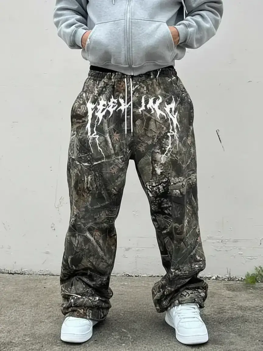 Men's Y2K Camo Pants, Vintage Branch Print, Casual Summer Loose-Fit Streetwear Trousers