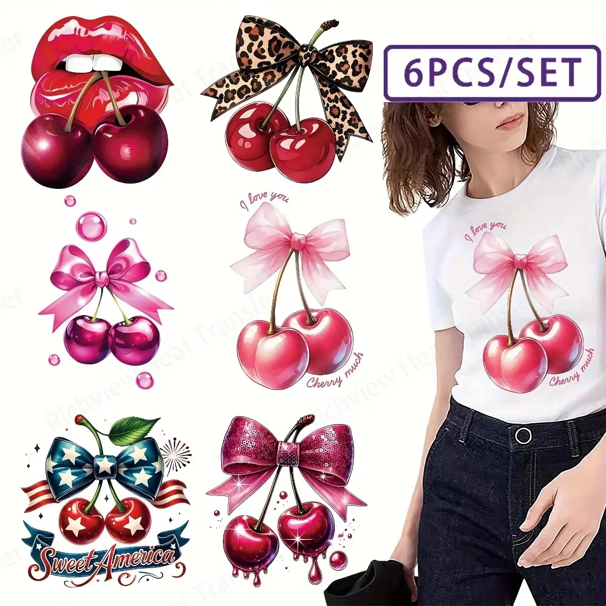 6-Piece Cherry Pattern Heat Transfer Patches, Washable DIY T-Shirt Iron-On Patches, Realistic Print Effect Decorative Stickers