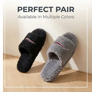 Perfect Pair Furry Slippers for Women Outdoor Wear Letter Embroidery Thick Lamb Wool Sole Autumn Winter Flat Sole Available in Multiple Colors
