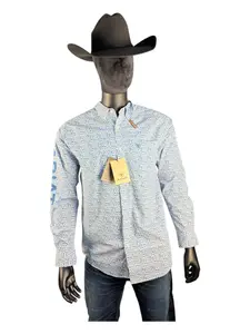 Ariat Men’s Long Sleeve Button-Down Shirt – Blue & Cream Print with Logo Sleeve