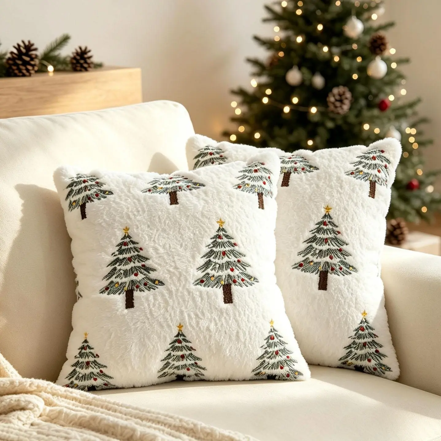 18x18 in Embroidered Soft Nylon Holiday Throw Pillow Covers (Set of 2) - Cozy Durable Faux Fur Cushion Cases, Machine Washable Home Decor Christmas Decor for Couch, DIY Specialty Supplies