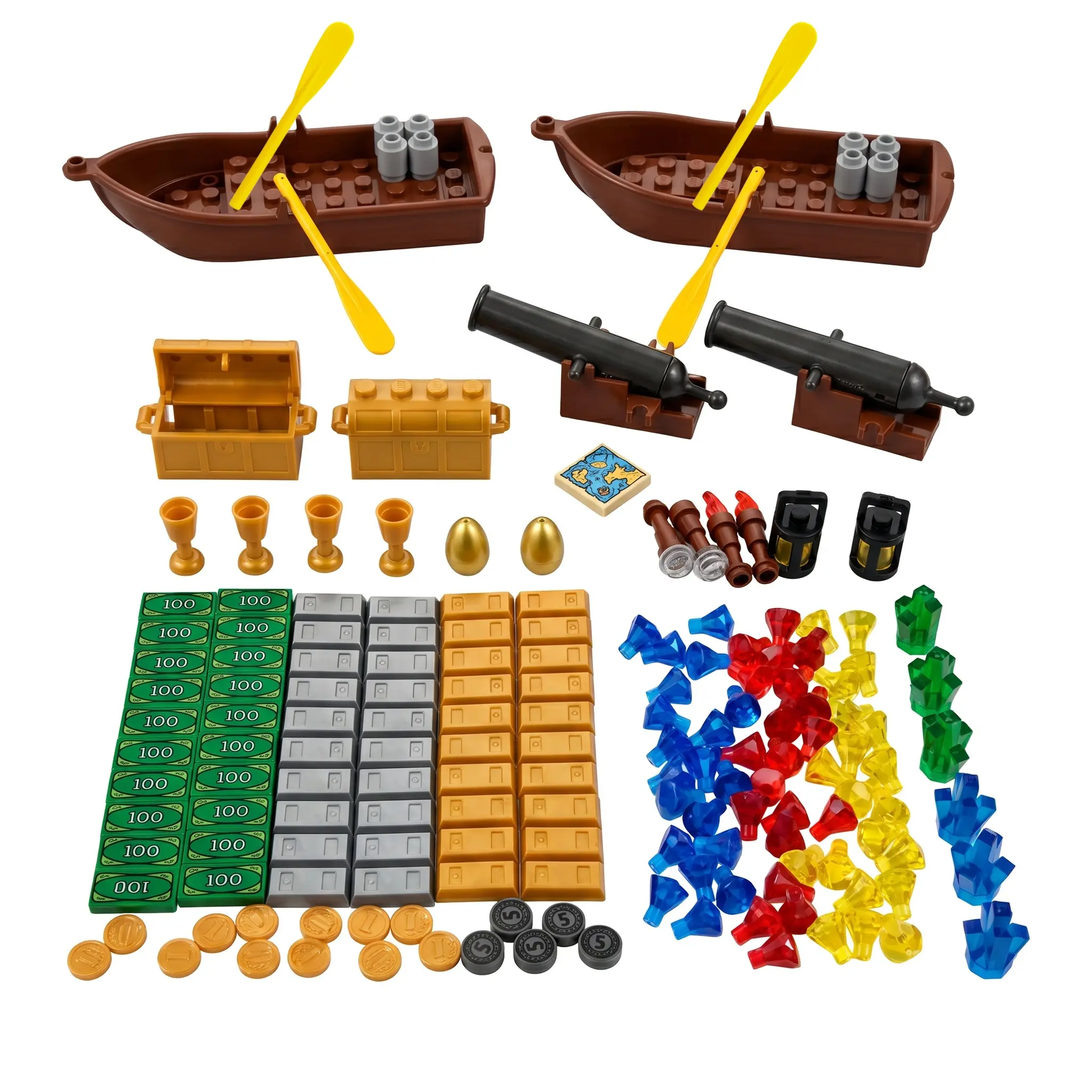 Ideamoc T0509 Treasure Chest Building Bricks & Parts Set for Boys - Pirate Adventure Toy with Pirate Accessories, Gold Bars, Gems, Diamonds, Jewels, Coins, Map, Artillery, Goblets, 2 Rowboats, 2 Cannons, Ship, Golden Eggs - Transportation Gift, Treasure C