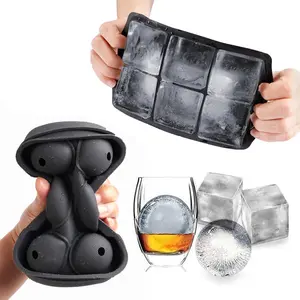 Ice cube mold set of 2 pcs, silicone whisky ice ball mold, include 4.5cm spherical ice cube mold with lid and 5cm large square ice cube mold, easy demold, suitable for cocktails and whisky