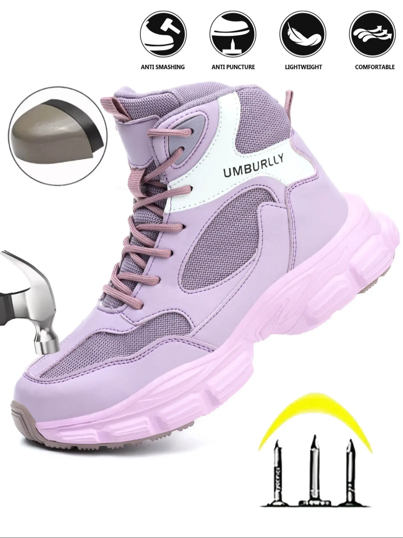 Women's Fashionable Letter Design High Top Safety Shoes, Safety Work Footwear, Casual Comfortable Breathable Anti-smash and Anti-puncture Shoes, Female All-match Round Toe Shoes for Work, Steel Toe Boots Lady, Steel Toe Workshoes