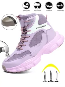 Women's Fashionable Letter Design High Top Safety Shoes, Casual Comfortable Breathable Anti-smash and Anti-puncture Shoes, Female All-match Round Toe Shoes for Work, Steel Toe Boots Lady, Steel Toe Workshoes