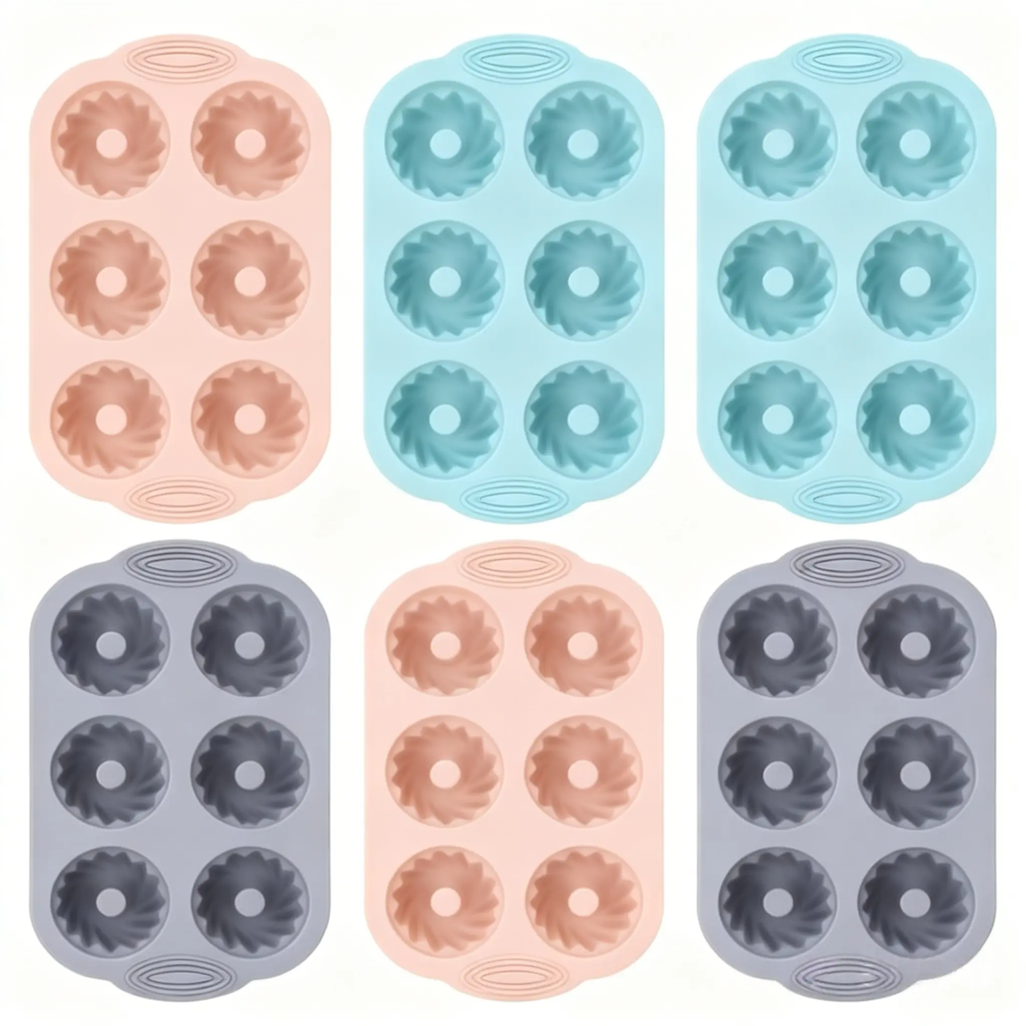 【Summervibes】Jello Molds 6pcs Silicone Fluted Tube Cake Pans, 6 Cavity Heritage Silicone Mold for Baking Non Stick Fancy Molds (Pink+Blue+Gray, Fluted Tube)