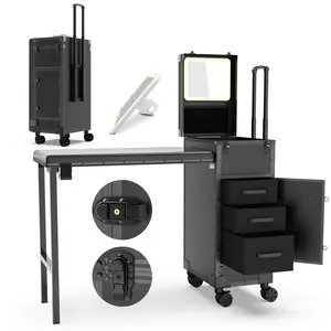 EasyinBeauty Portable Manicure Table with LED Mirror, Rolling Nail Desk with Drawers & Storage, Foldable Mobile Nail Station